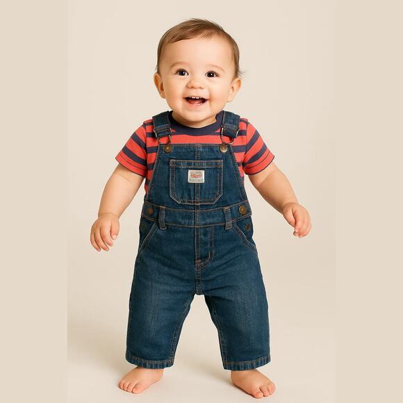 Carter's Boys Overalls Sz 3 Mo Little Hunk Striped Tee Denim Jean Blue Pink NEW - Picture 1 of 5